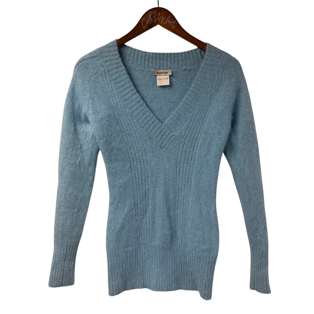 Bebe V Neck Long Line Fitted Fuzzy Sweater Baby Blue Vintage Mohair Small